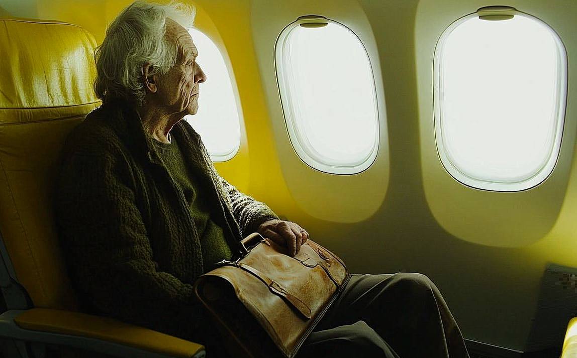 Elderly man sitting at the yellow airplane | Source: Midjourney