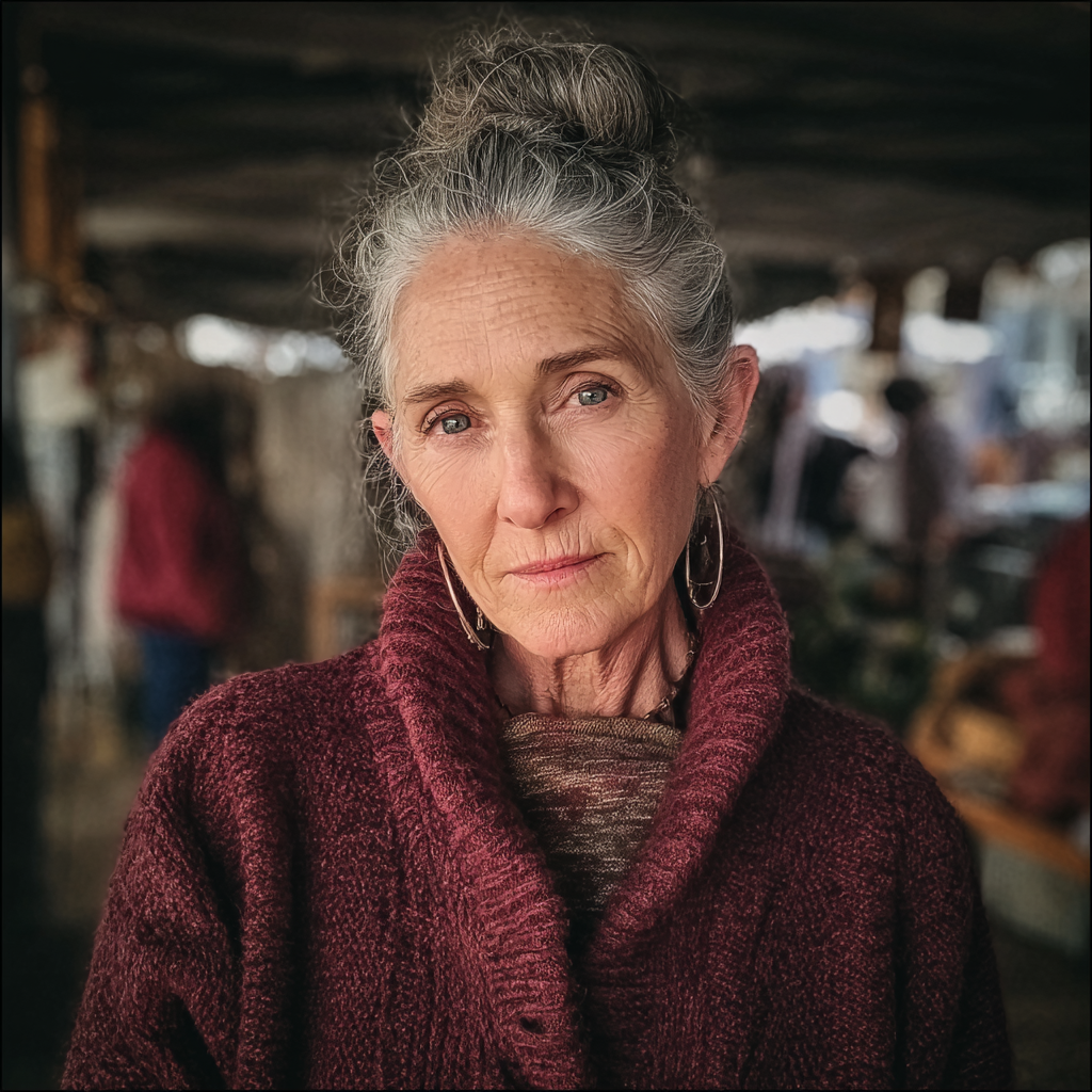 A worried old woman standing in a flea market | Source: Midjourney