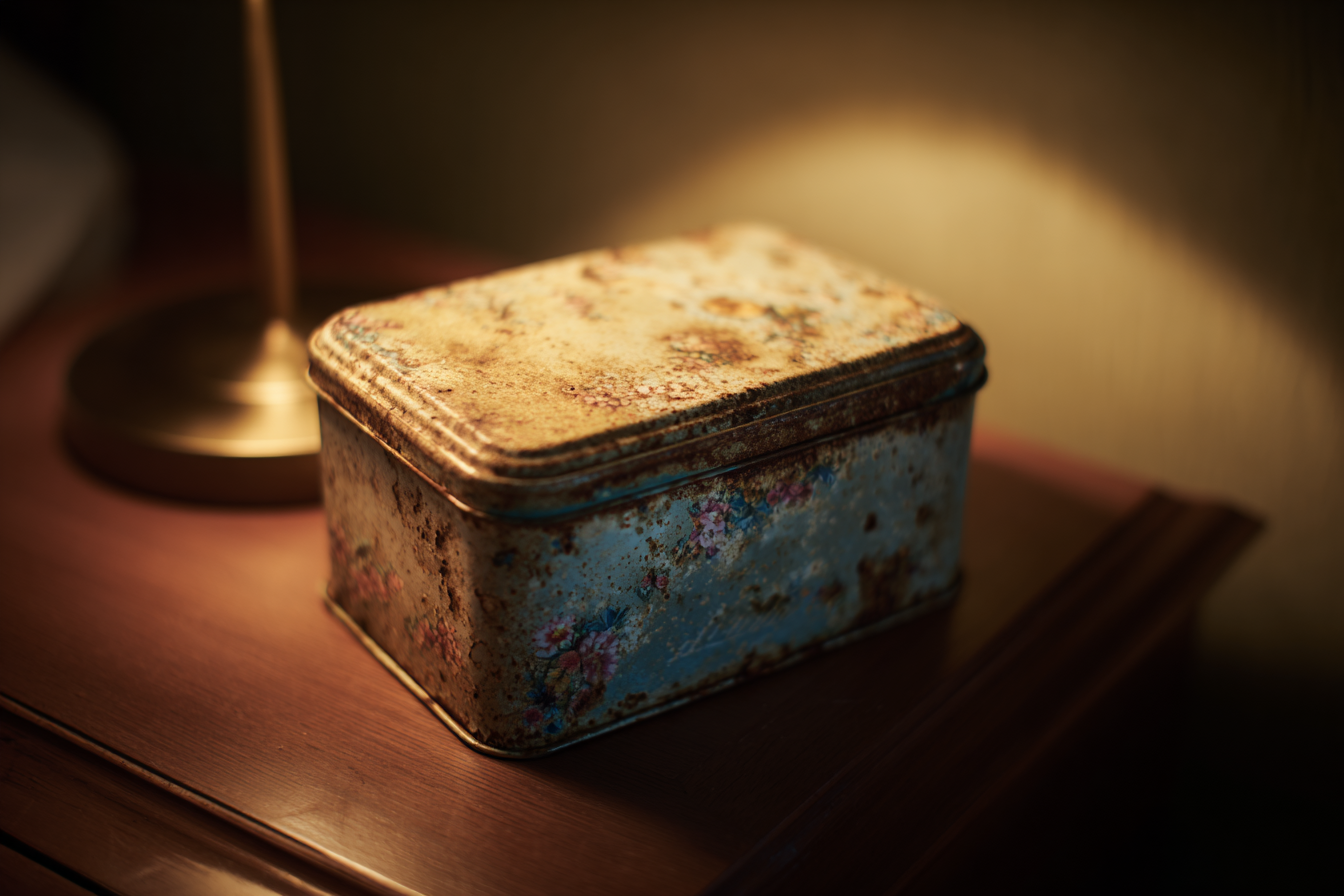 An old tin on a nightstand | Source: Midjourney