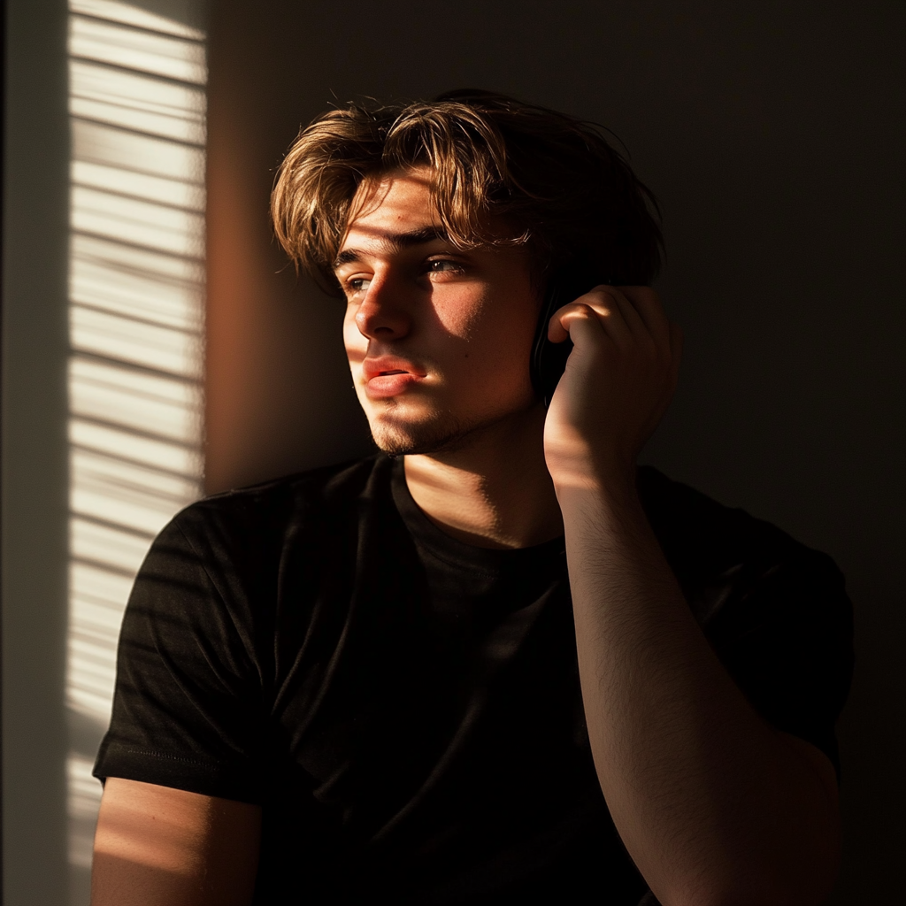 A pensive young man talking on the phone | Source: Midjourney