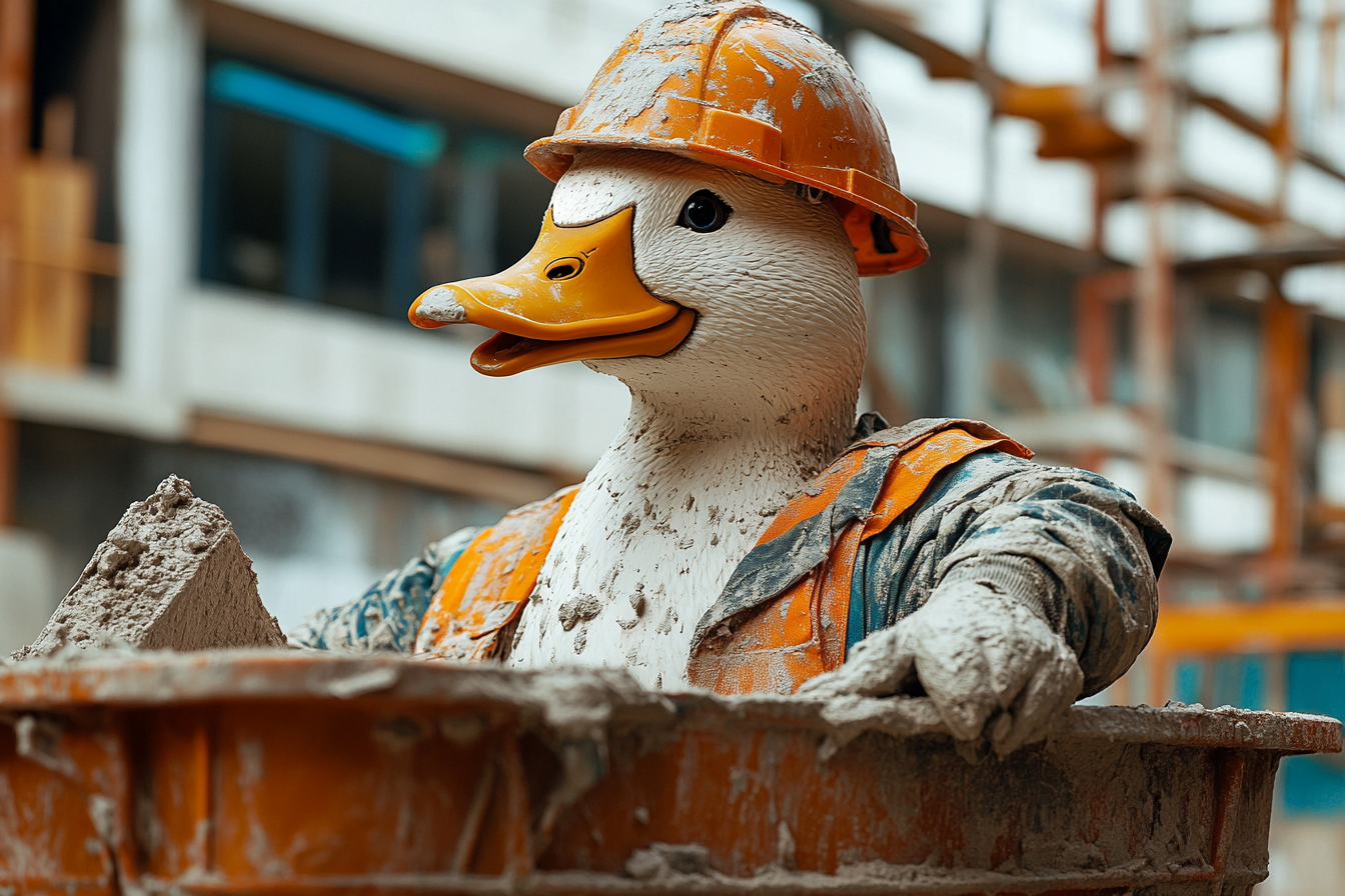 A duck in a construction worker's uniform working as a plasterer | Source: Midjourney