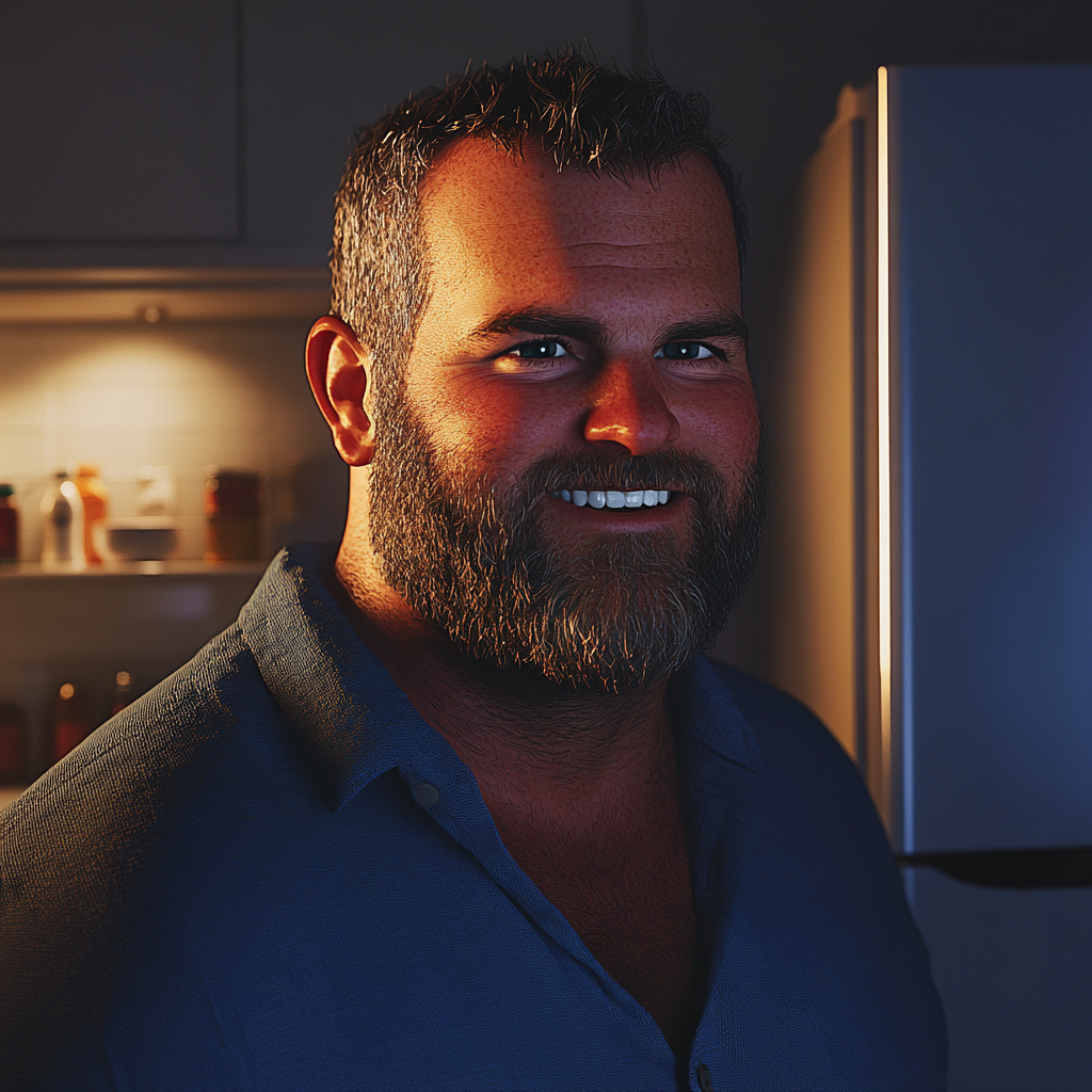 A smiling man standing near the fridge | Source: Midjourney