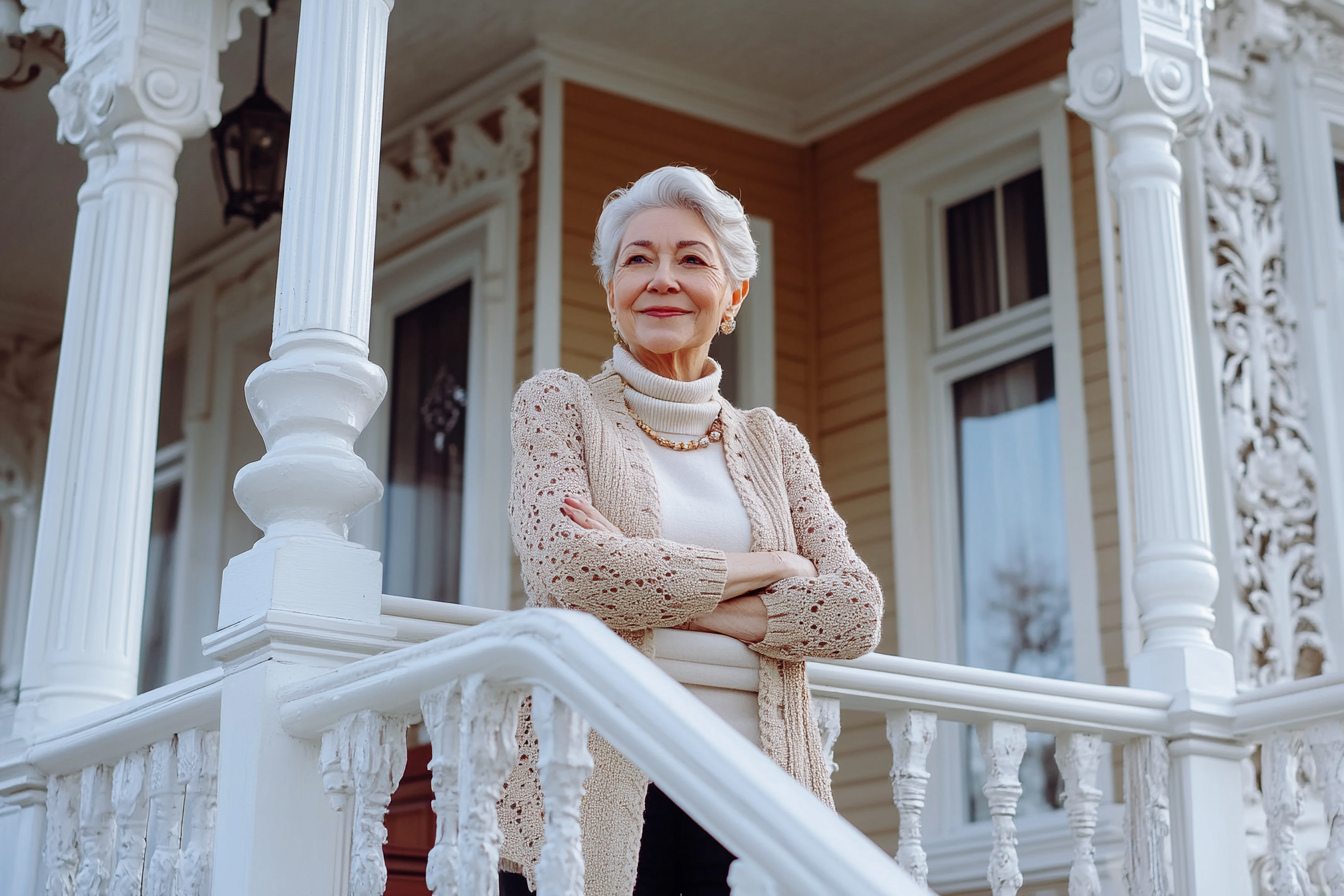 Une femme âgée sur le porche d'une belle maison | Source : Midjourney