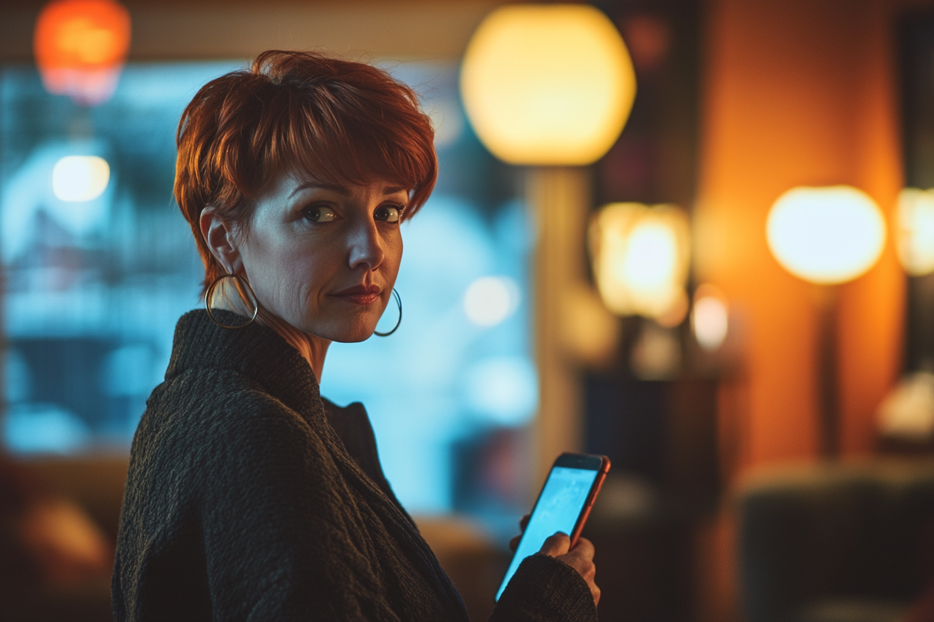 Woman in her late 30s holding a phone at home | Source: Midjourney