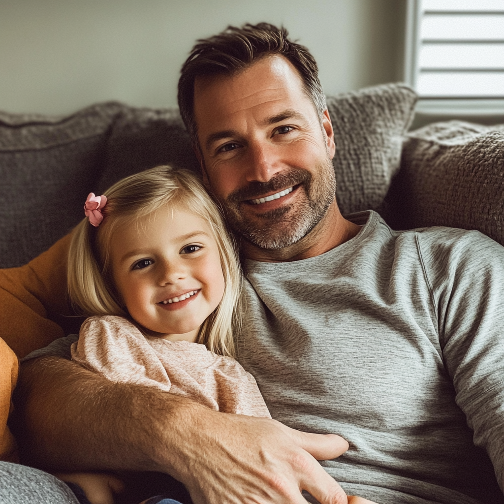 Uma dupla de pai e filha sentados em um sofá | Fonte: Midjourney