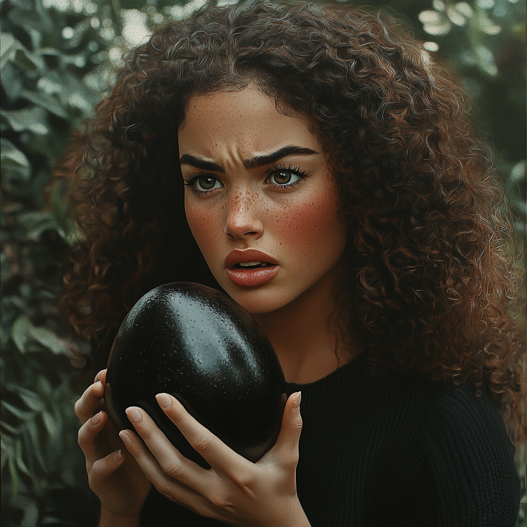 A puzzled woman holding a big glossy black egg | Source: Midjourney