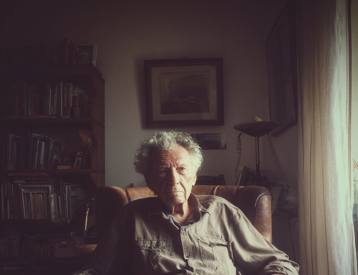 An old man sitting in a living room | Source: Midjourney