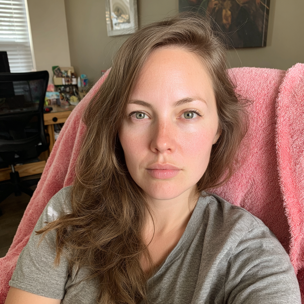 A pensive woman sitting on an armchair with a pink blanket | Source: Midjourney