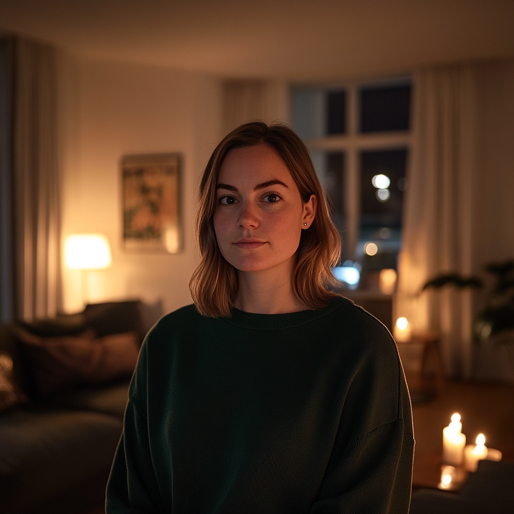 A woman wearing a green sweater and standing in a living room | Source: Midjourney