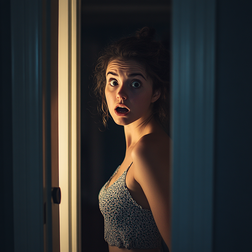 A shocked woman in the doorway | Source: Midjourney