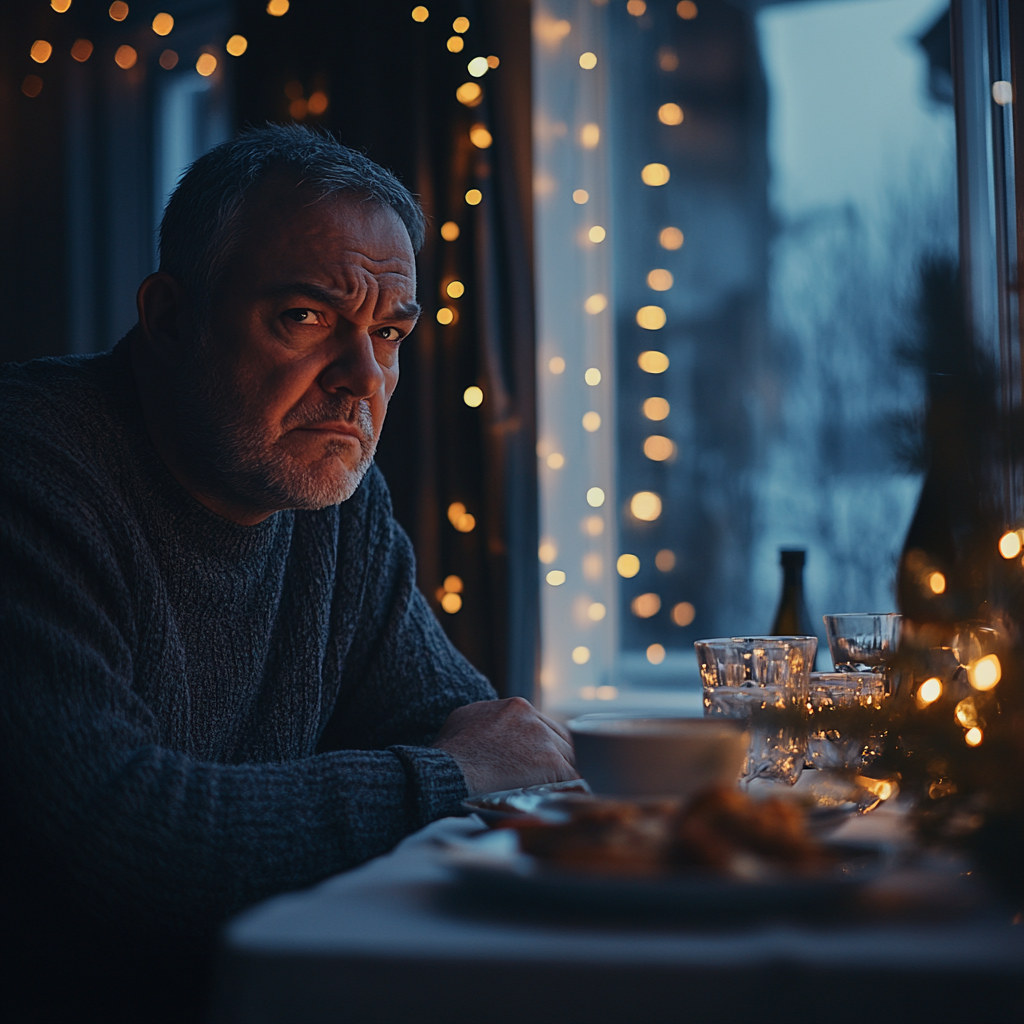 An angry middle-aged man at dinner table | Source: Midjourney