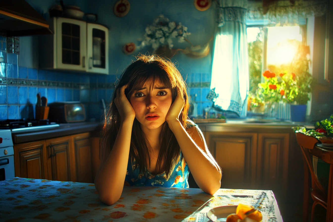 An emotional woman seated at a kitchen table | Source: Midjourney