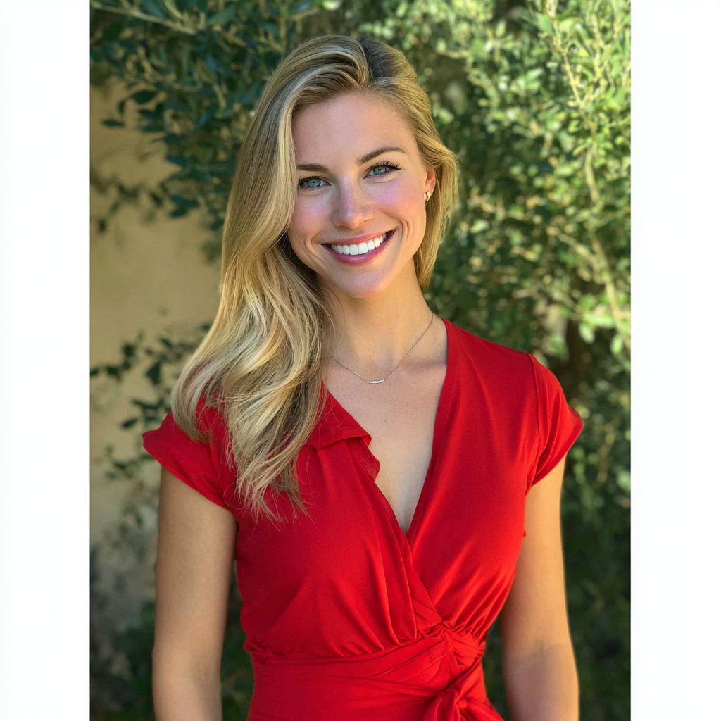 A smiling woman wearing a red dress | Source: Midjourney