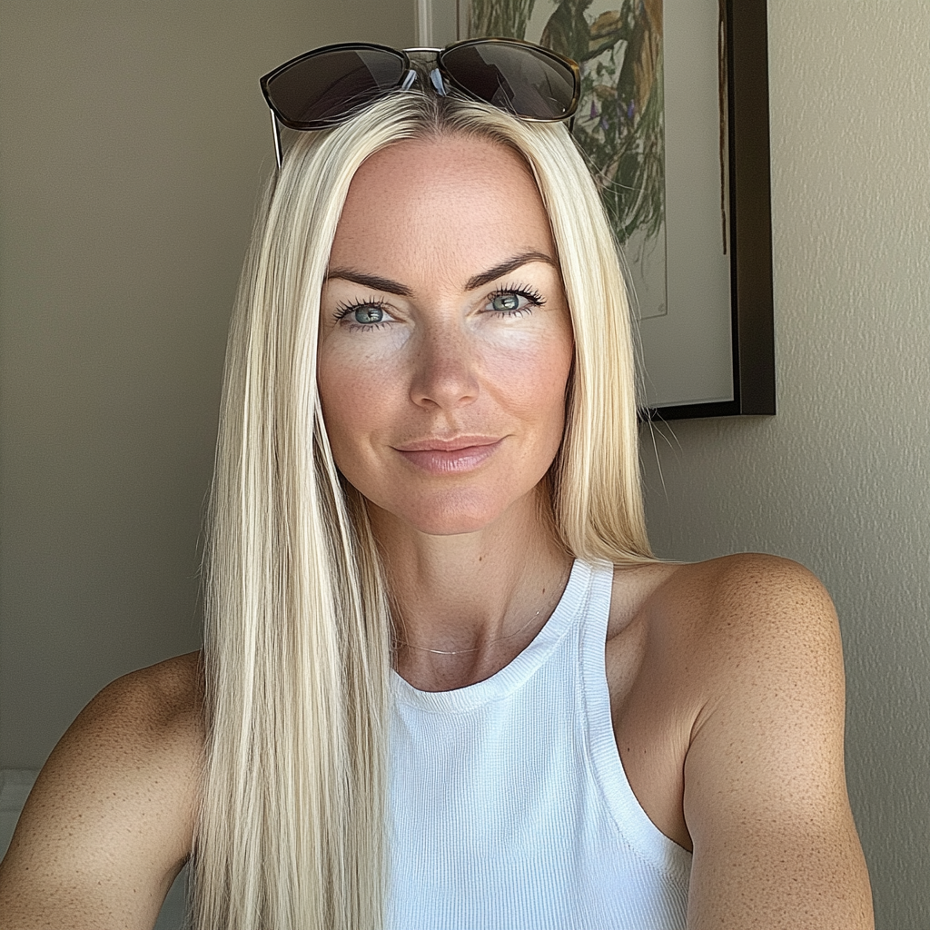 A blonde woman with sunglasses on her head | Source: Midjourney