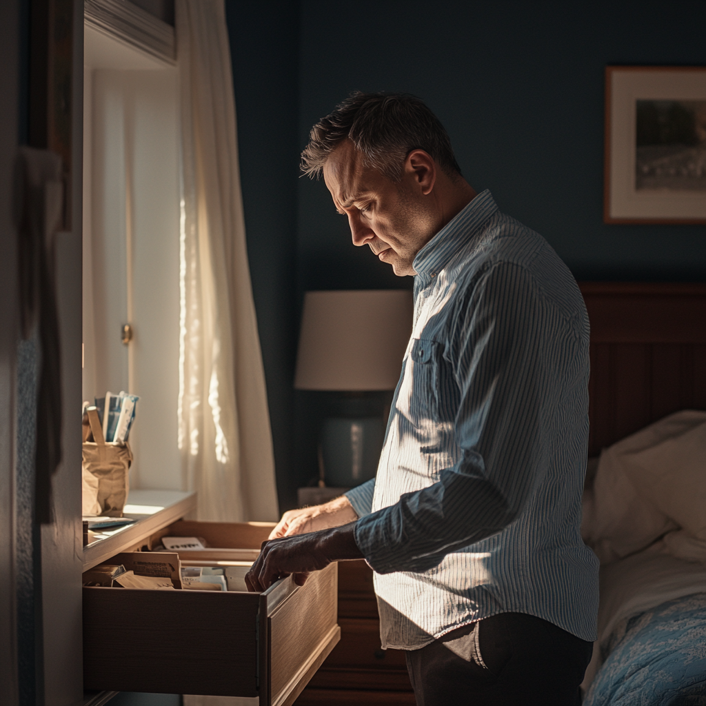 A man looking though his bedroom drawer | Source: Midjourney