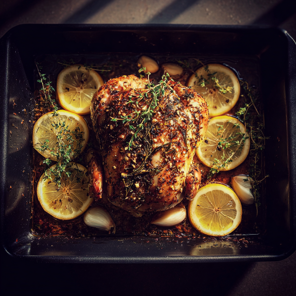 A marinated chicken in an oven tray | Source: Midjourney