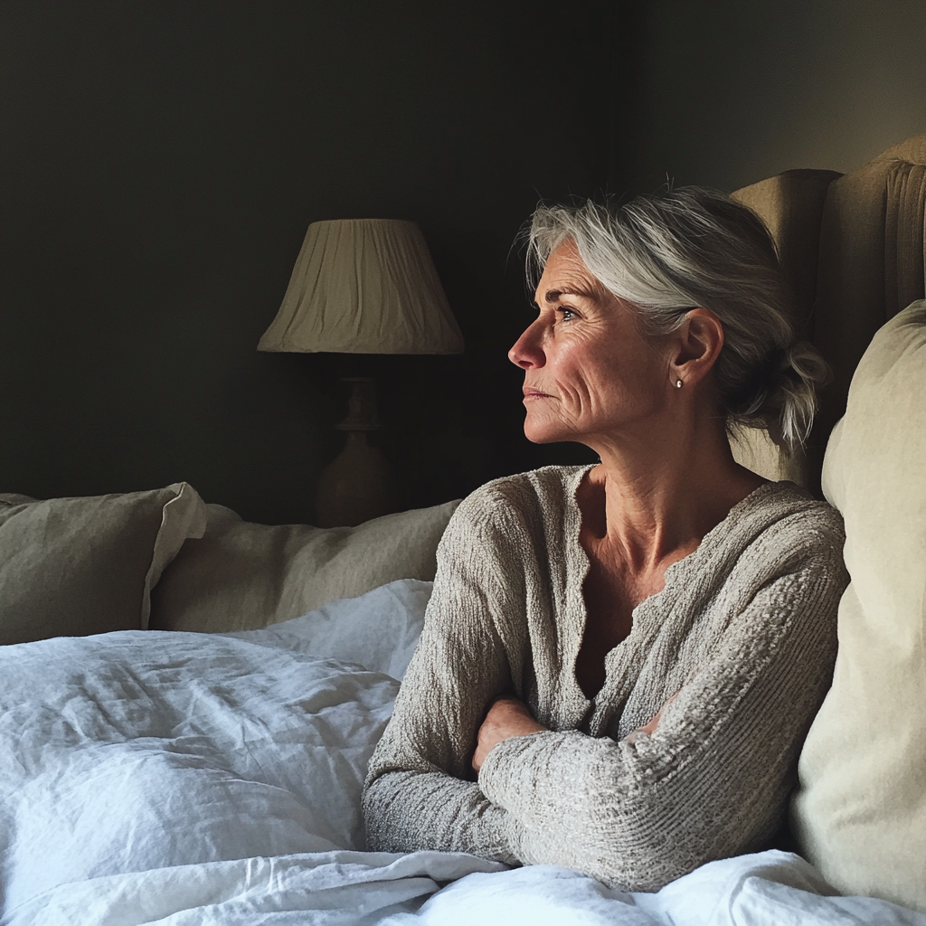 An upset older woman sitting in bed | Source: Midjourney