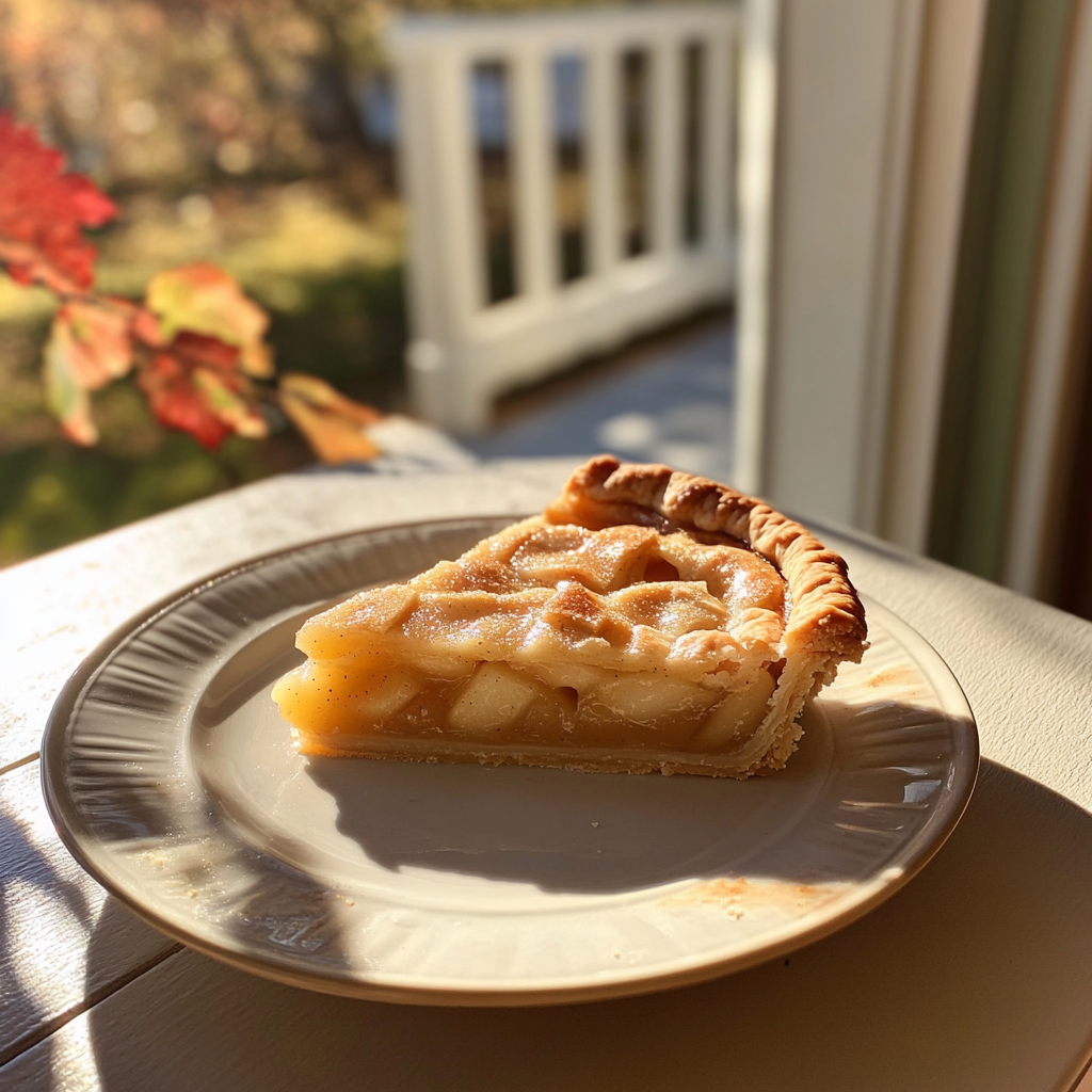 A slice of apple pie on a plate | Source: Midjourney