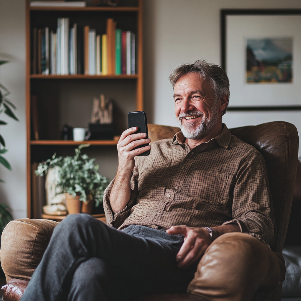 A happy man holding his phone | Source: Midjourney