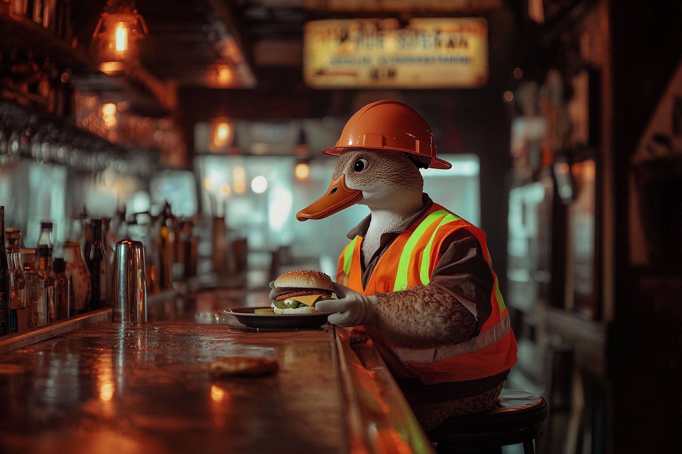 A duck in a construction worker's uniform sitting at a bar eating a sandwich | Source: Midjourney