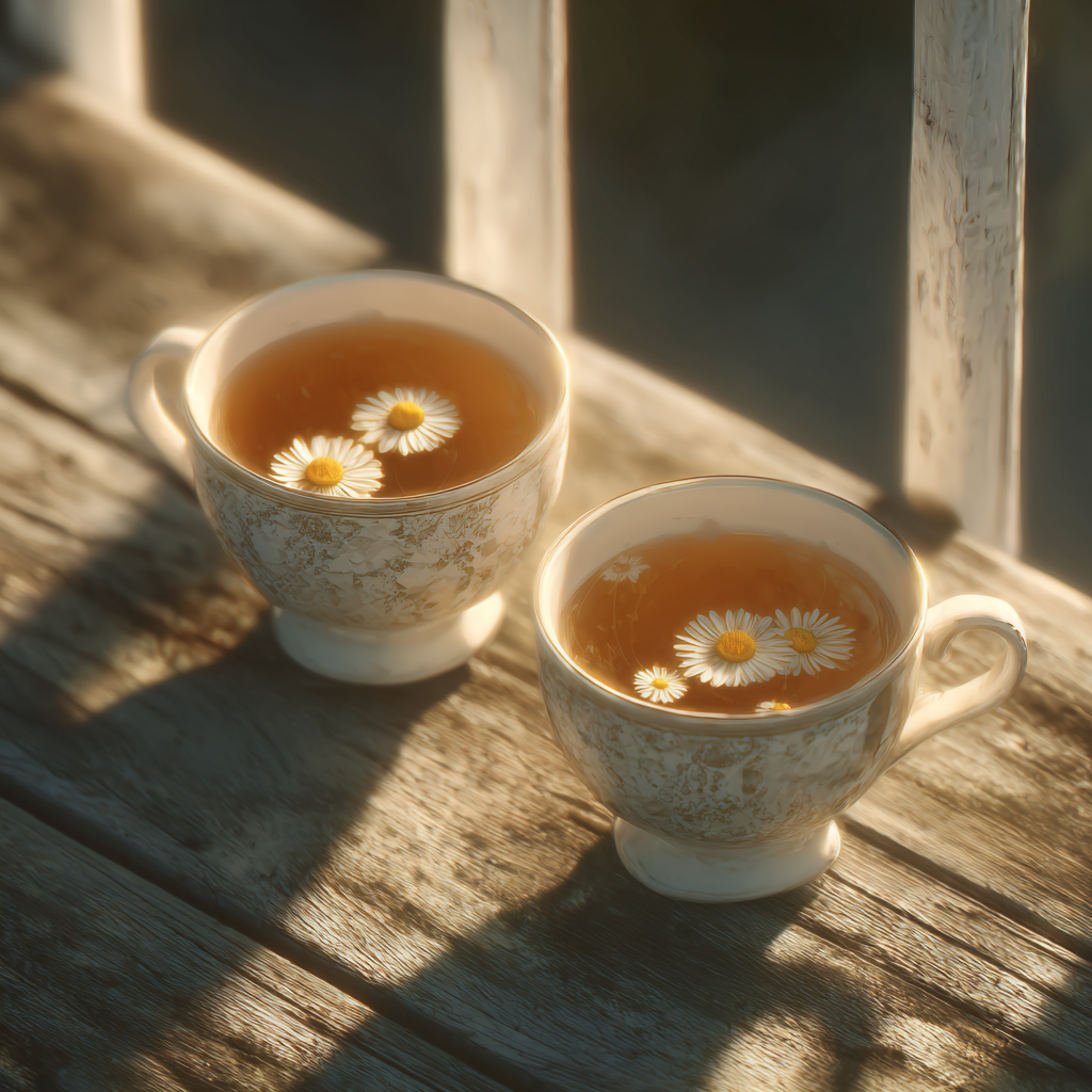 Two cups of chamomile tea on a wooden surface | Source: Midjourney