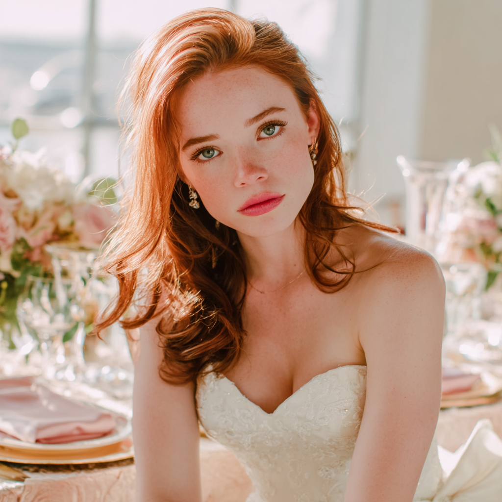 An unimpressed bride sitting at a table | Source: Midjourney