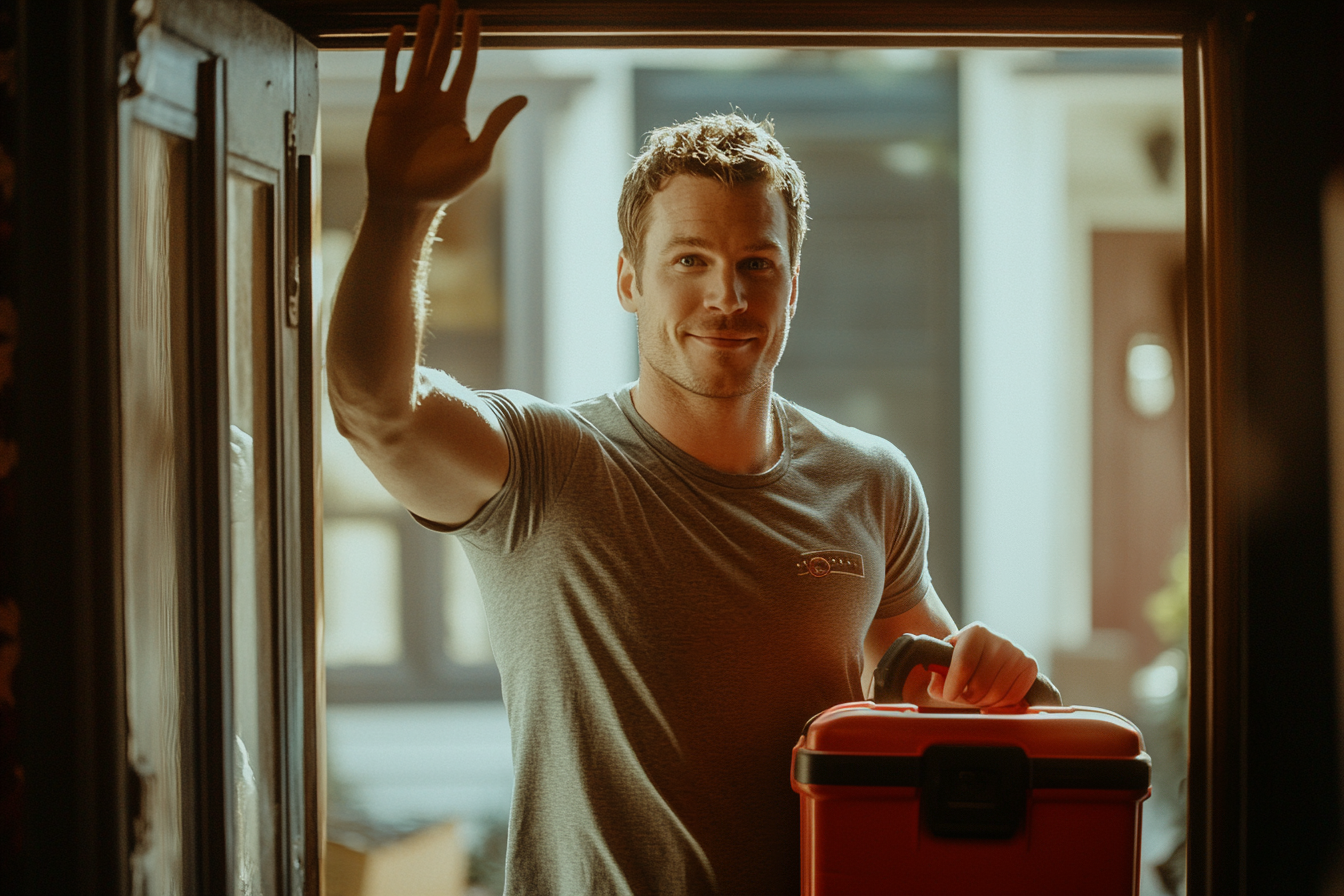 A handsome man in a doorway waving goodbye, carrying a toolbox | Source: Midjourney