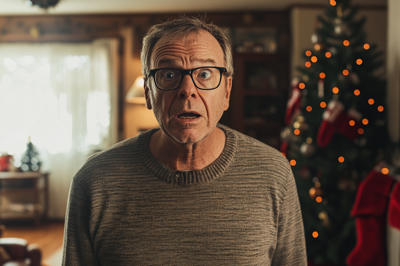 A shocked man standing in a living room decorated for Christmas | Source: Midjourney