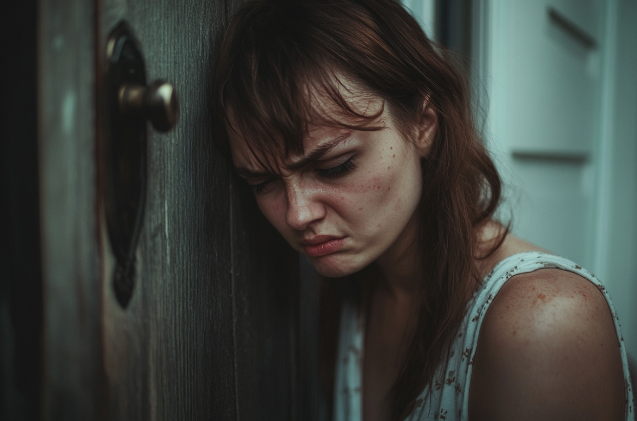 An emotional woman leaning against a door | Source: Midjourney