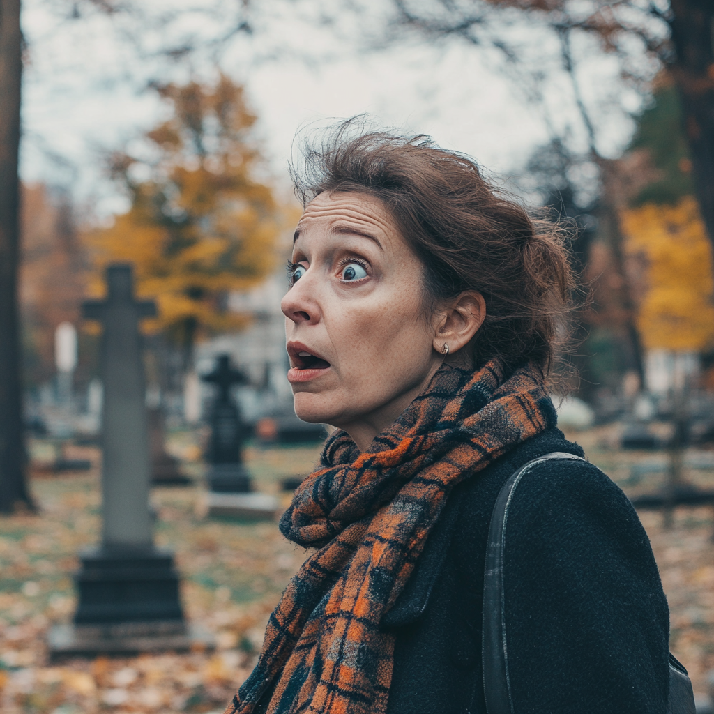 A shocked woman at a cemetery ⏐ Source: Midjourney