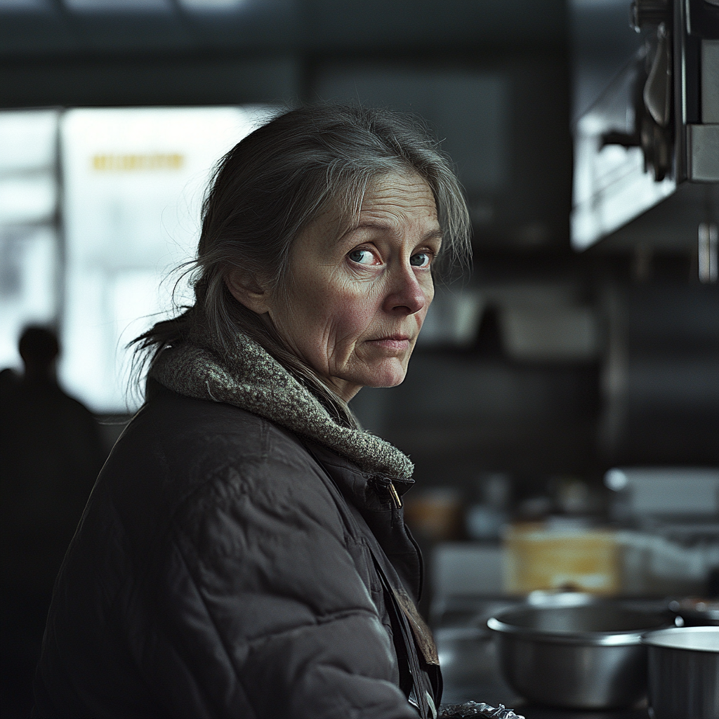 A nervous woman at a soup kitchen | Source: Midjourney