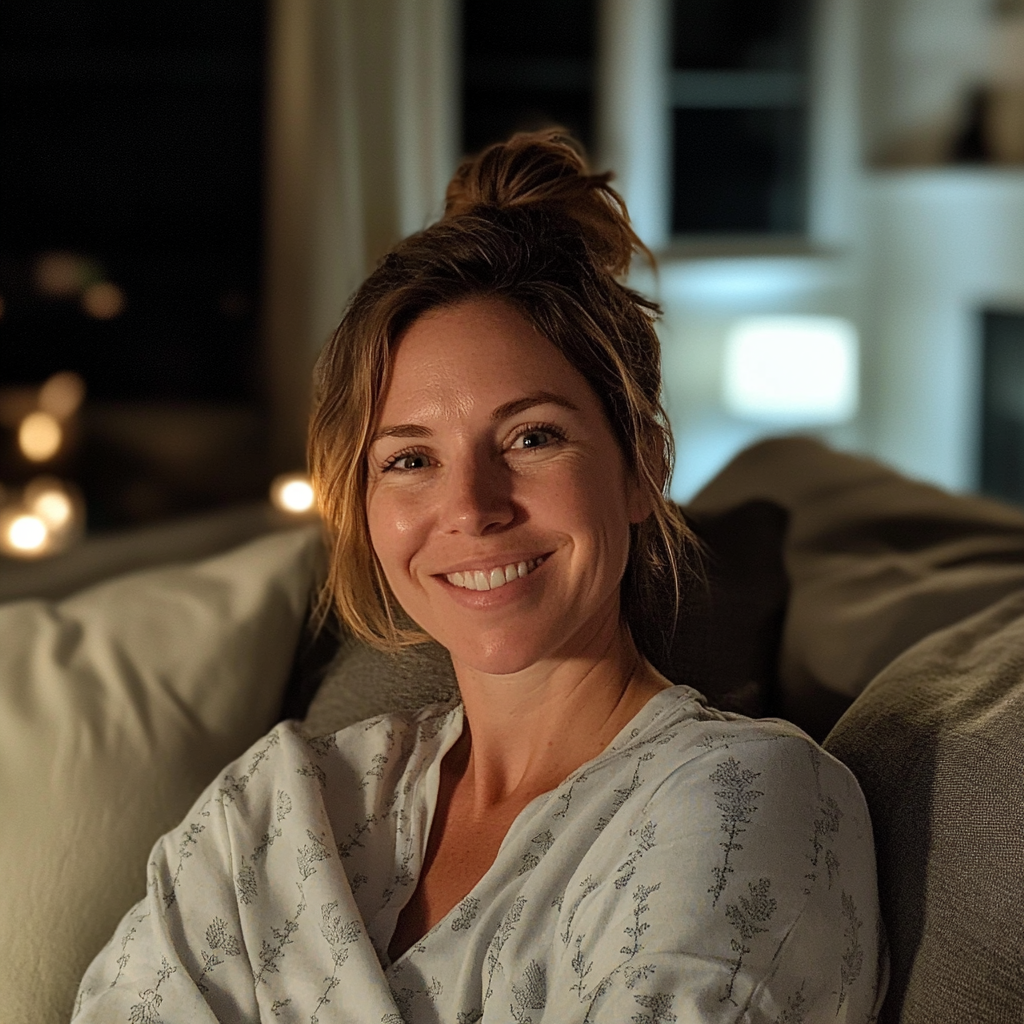 A smiling woman sitting on a couch | Source: Midjourney