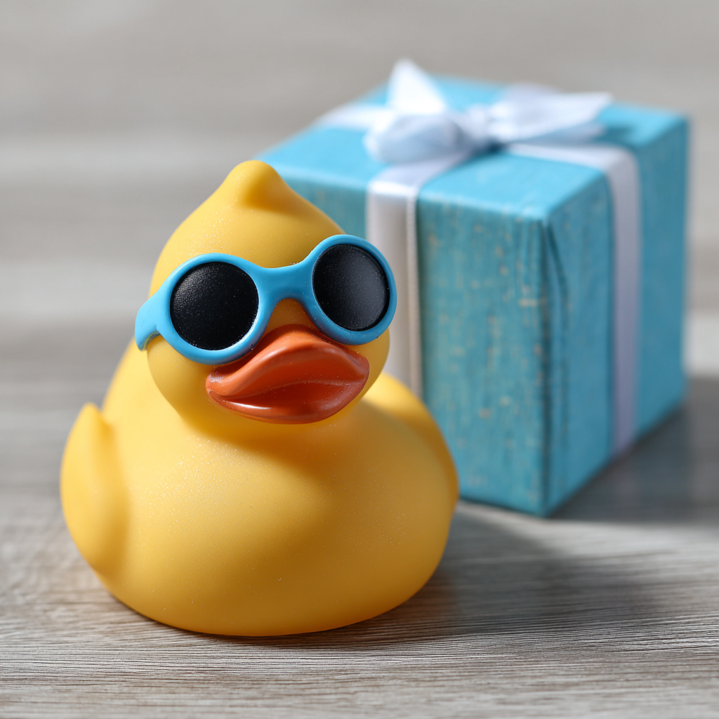 A rubber duck on a table beside a gift box | Source: Midjourney