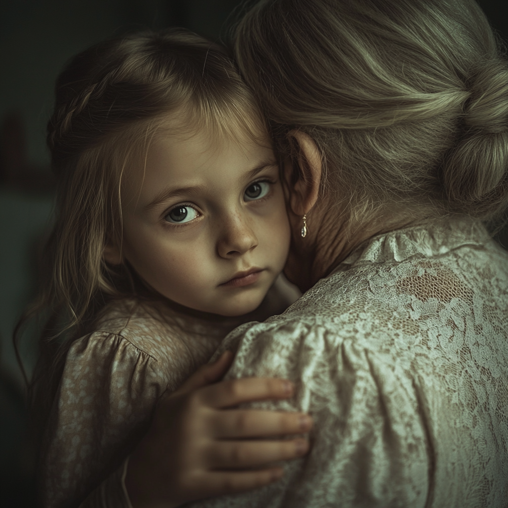 A scared girl hugging her grandmother | Source: Midjourney