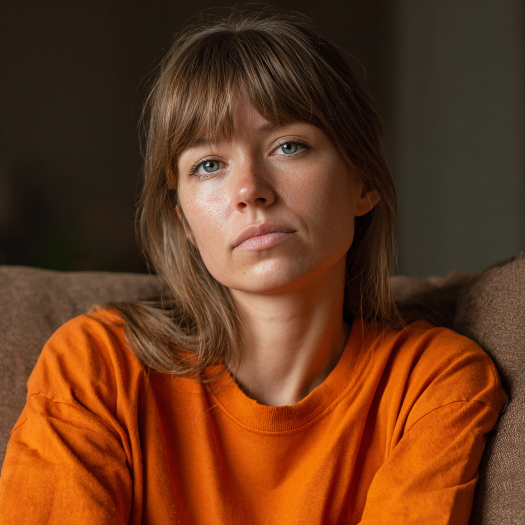 A pensive woman wearing an orange t-shirt | Source: Midjourney
