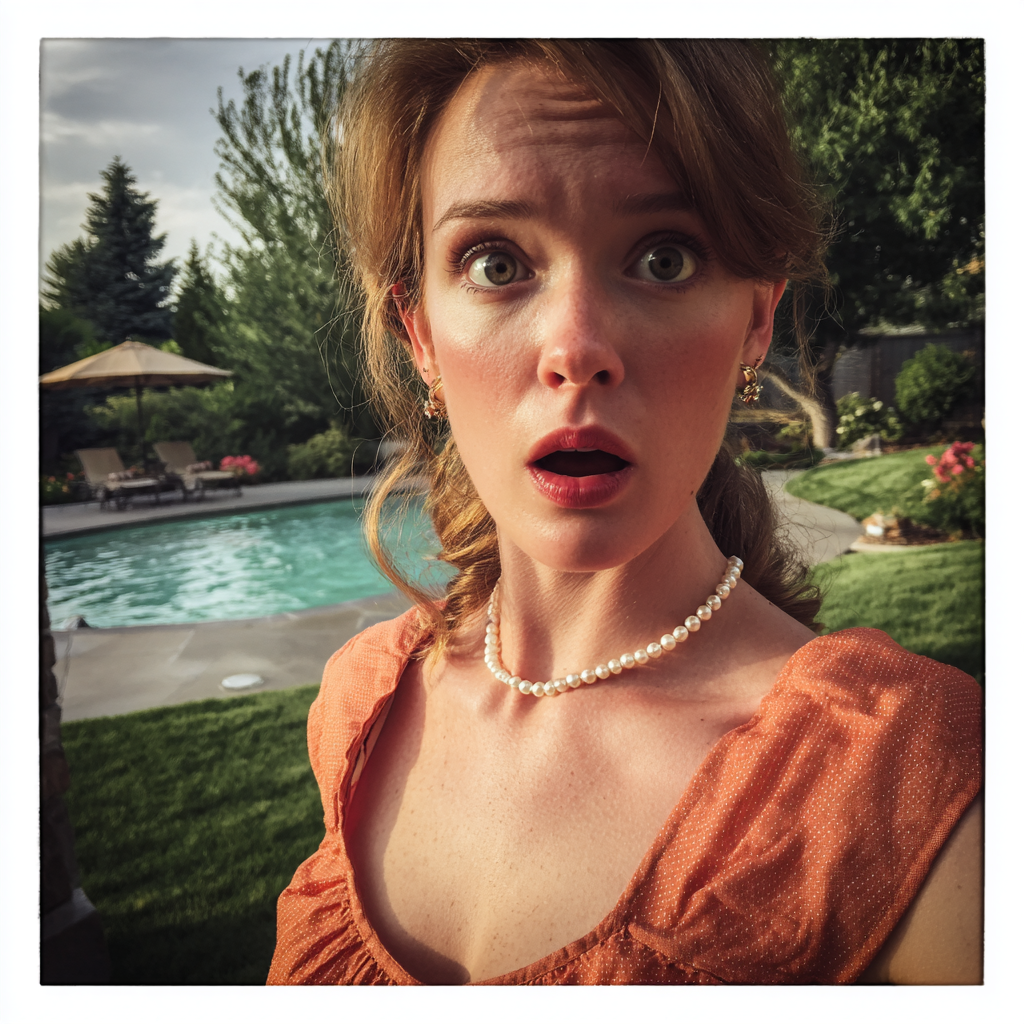 A shocked woman wearing a dark orange linen dress | Source: Midjourney