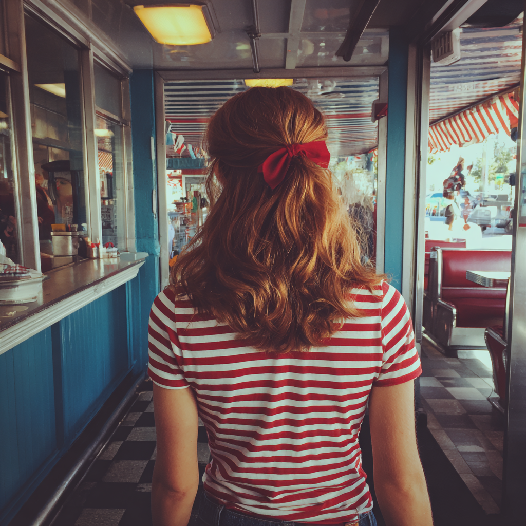 A woman walking out of a diner | Source: Midjourney