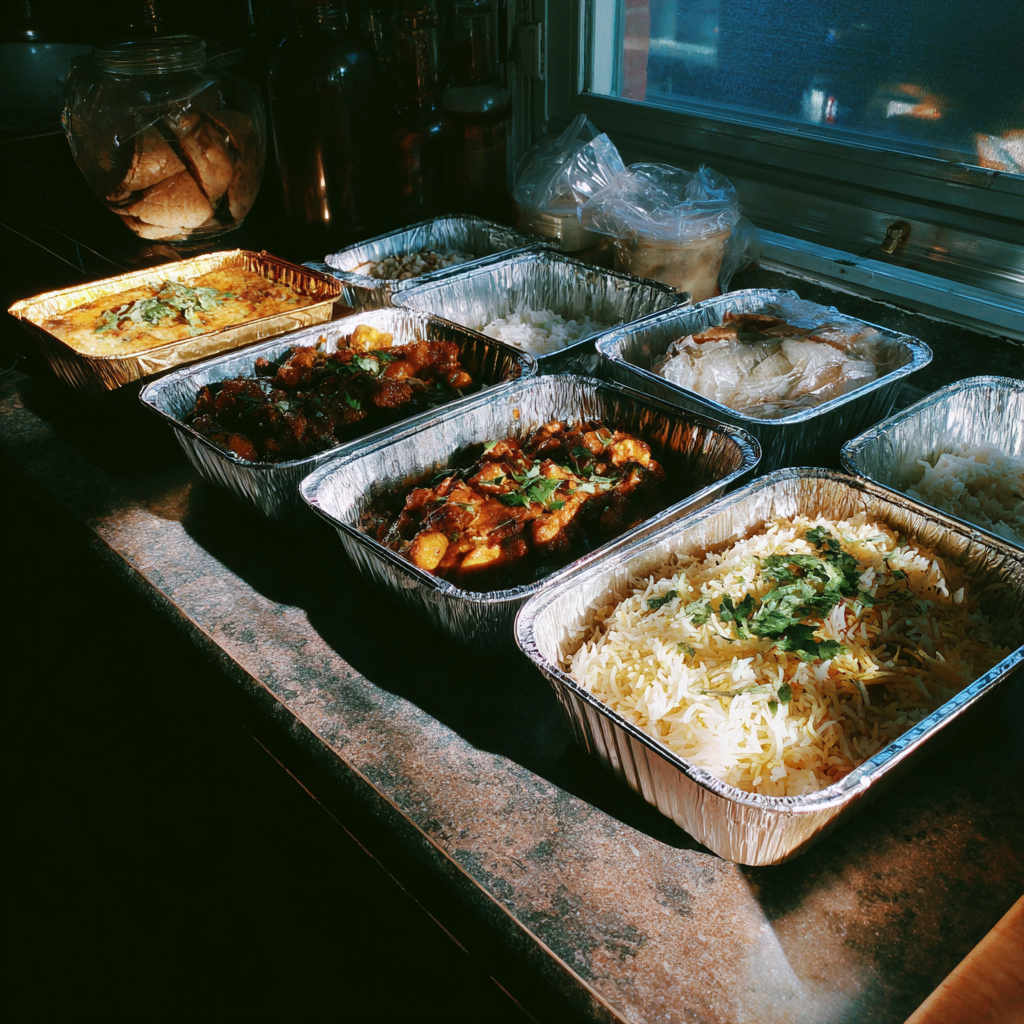 Takeout containers of food on a kitchen counter | Source: Midjourney