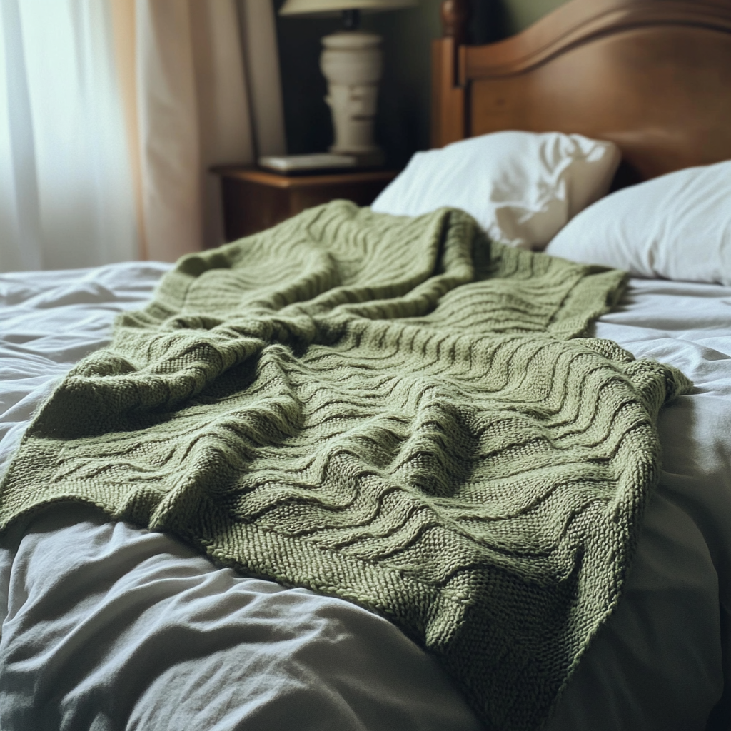 An incomplete knitted blanket on a bed | Source: Midjourney