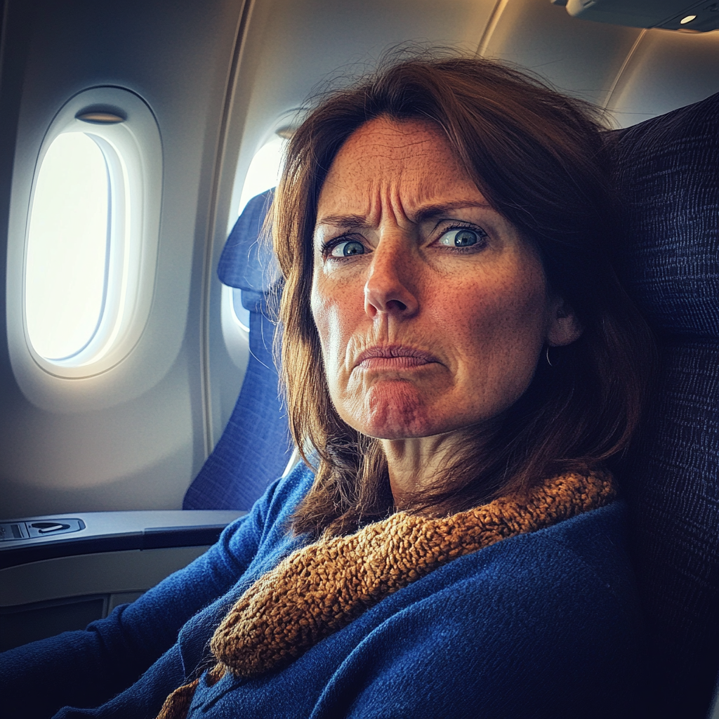 An annoyed woman sitting in an airplane | Source: Midjourney