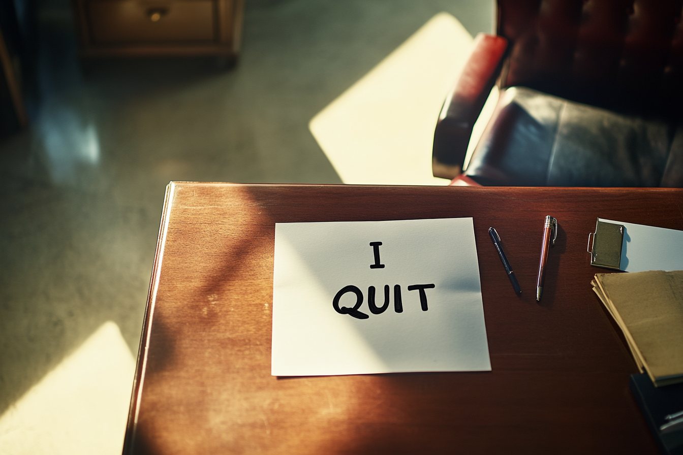 A piece of paper that says "I quit" on a mahogany desk | Source: Midjourney