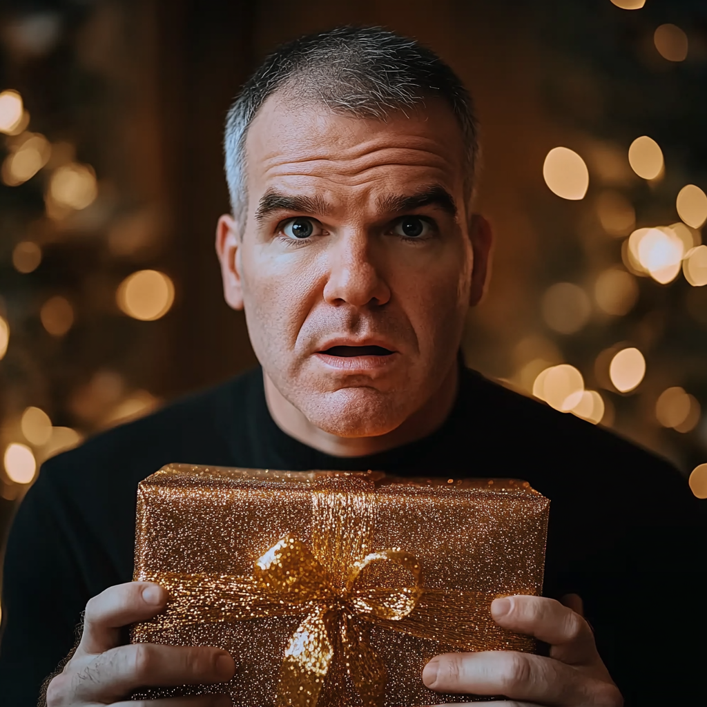 A confused man holding a glittery gift box | Source: Midjourney