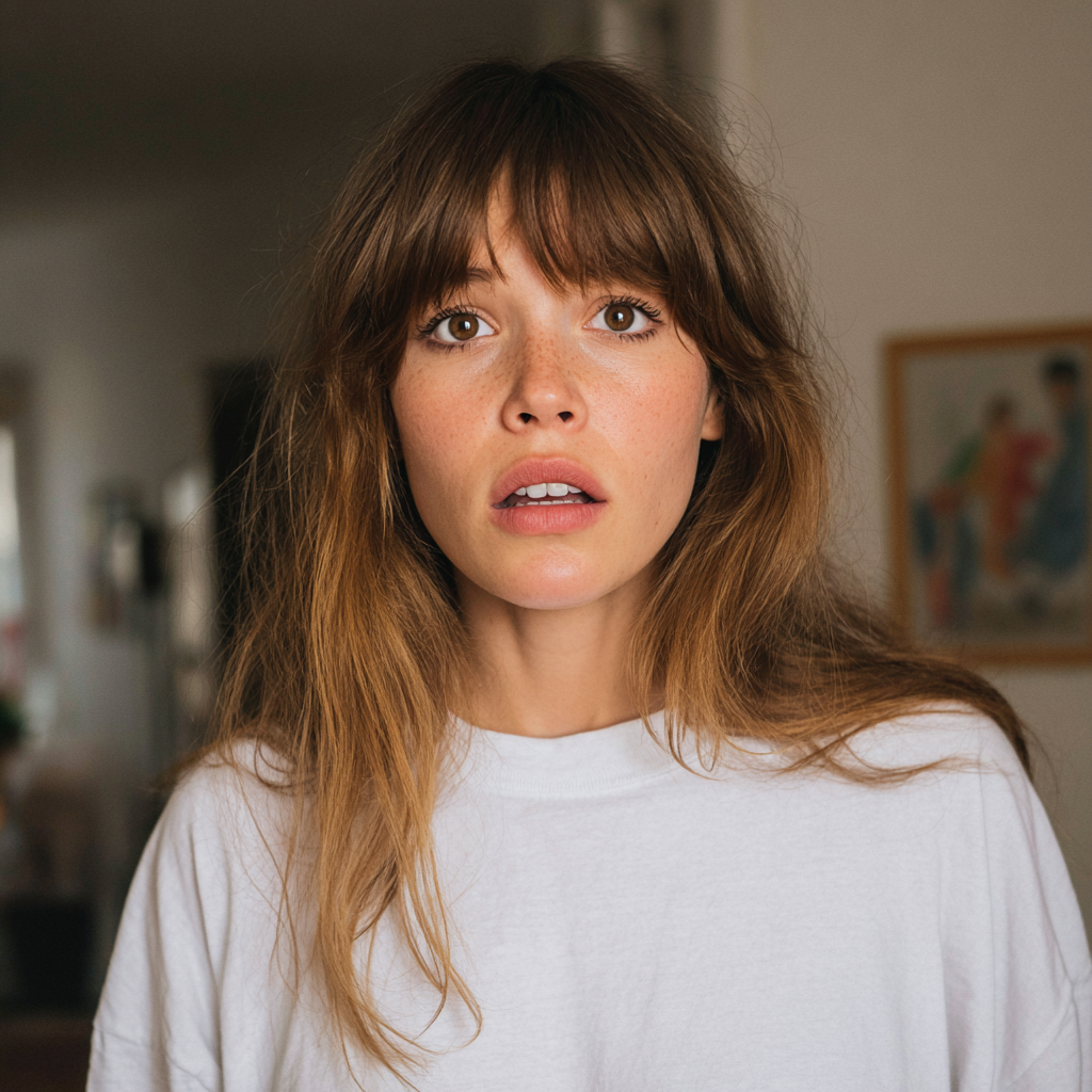 A shocked woman standing in a living room | Source: Midjourney