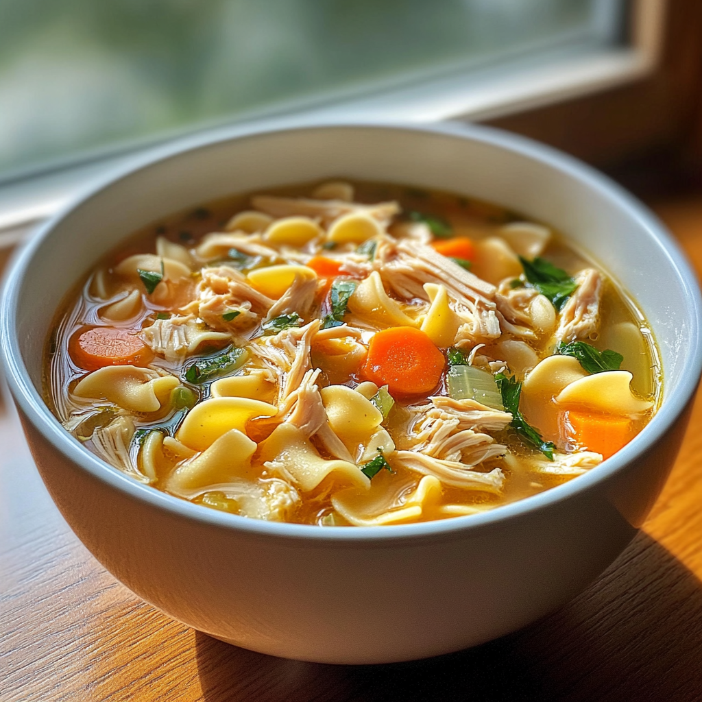 A bowl of chicken noodle soup on a table | Source: Midjourney