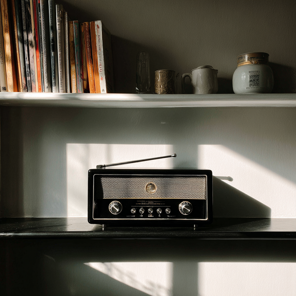 A radio on a shelf | Source: Midjourney