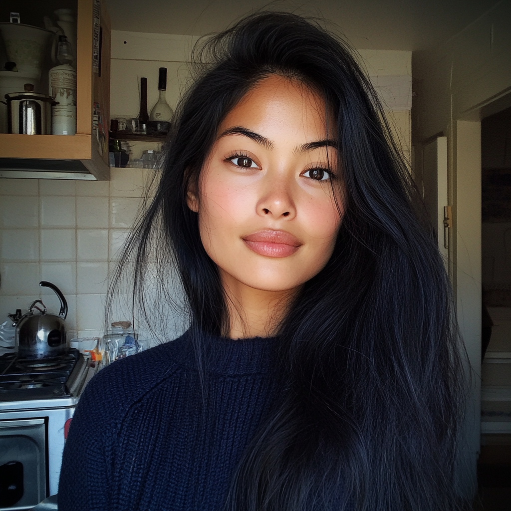 A woman standing in a kitchen wearing a navy sweater | Source: Midjourney
