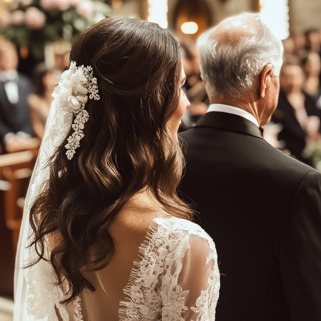 A bride and her father walking down an aisle | Source: Midjourney