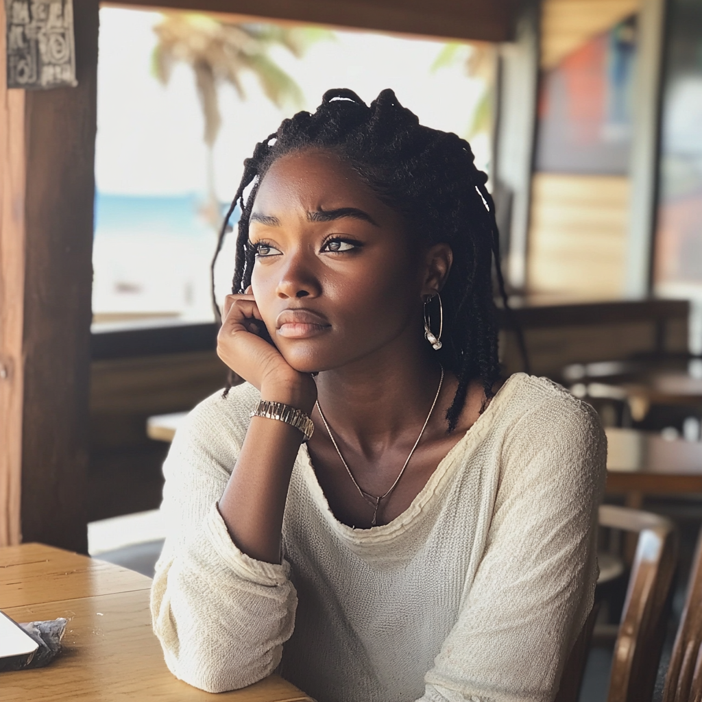 A woman sitting at a coffee shop | Source: Midjourney