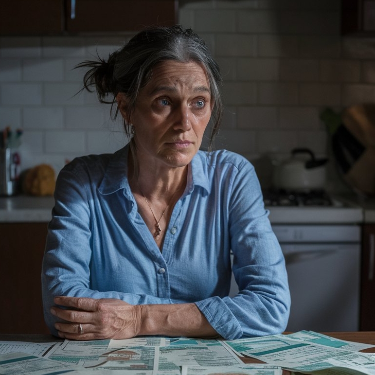 A woman sitting alone at a kitchen table covered in bills | Source: Midjourney