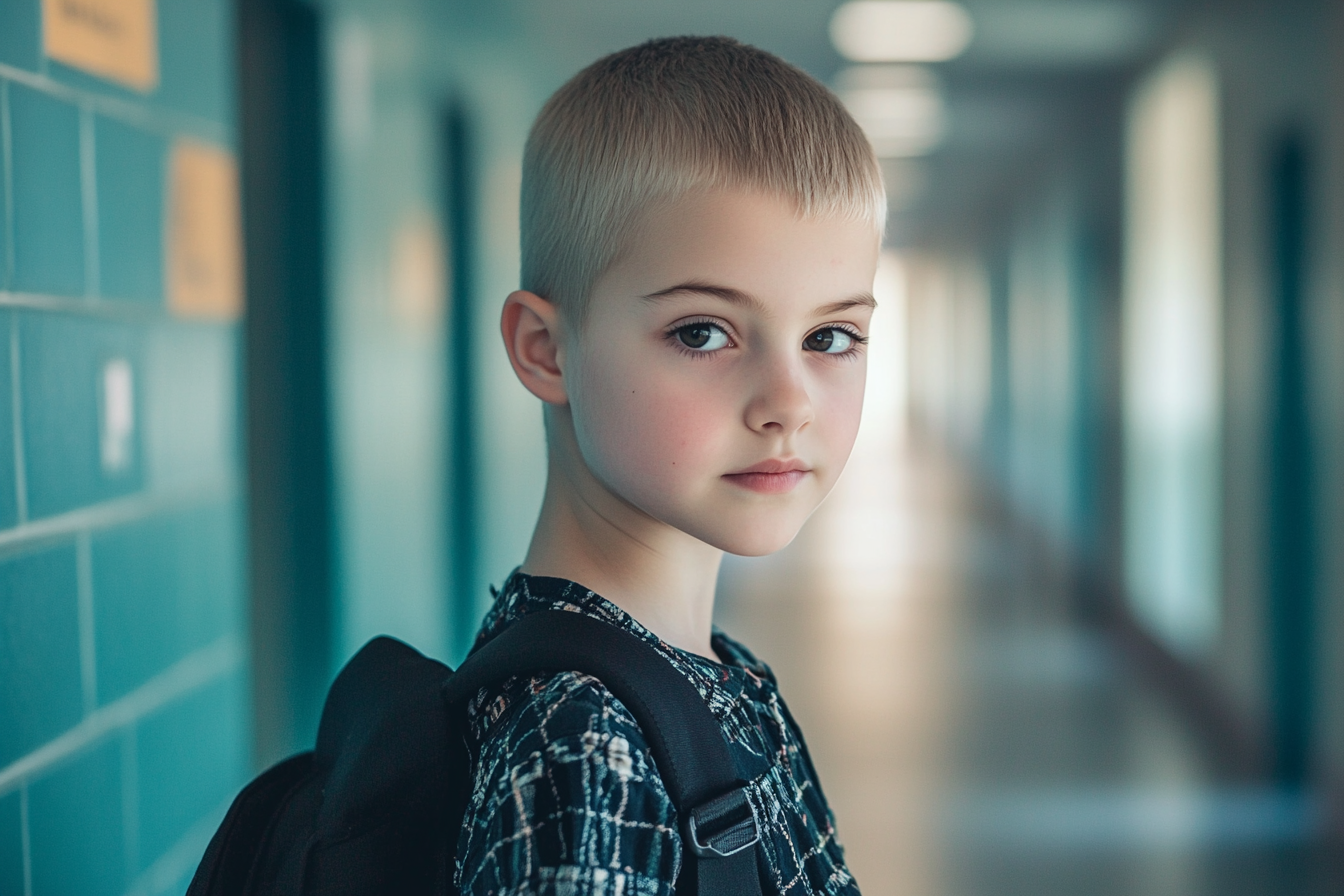 A girl with very short hair standing in a school corridor | Source: Midjourney